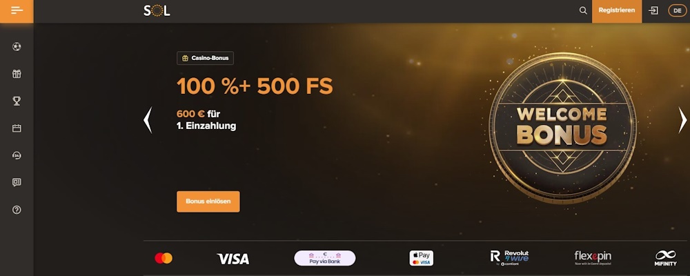 Bestes PayPal Casino Design bei Sol Casino